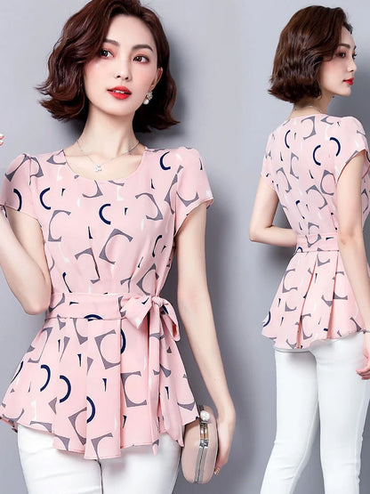 Ladies' summer fashionable age-reducing polka dot short-sleeved chiffon shirt, ladies' short-sleeved round neck fitted waist tem