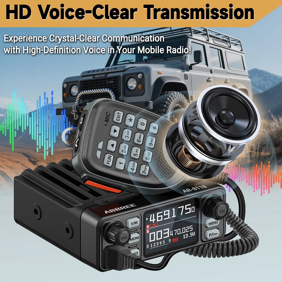 ABBREE AR-8118 Mini Mobile Radio 25W Dual Band VHF UHF 200CH Long Range NOAA VOX Clear HD Voice Dual PTT Car Radio