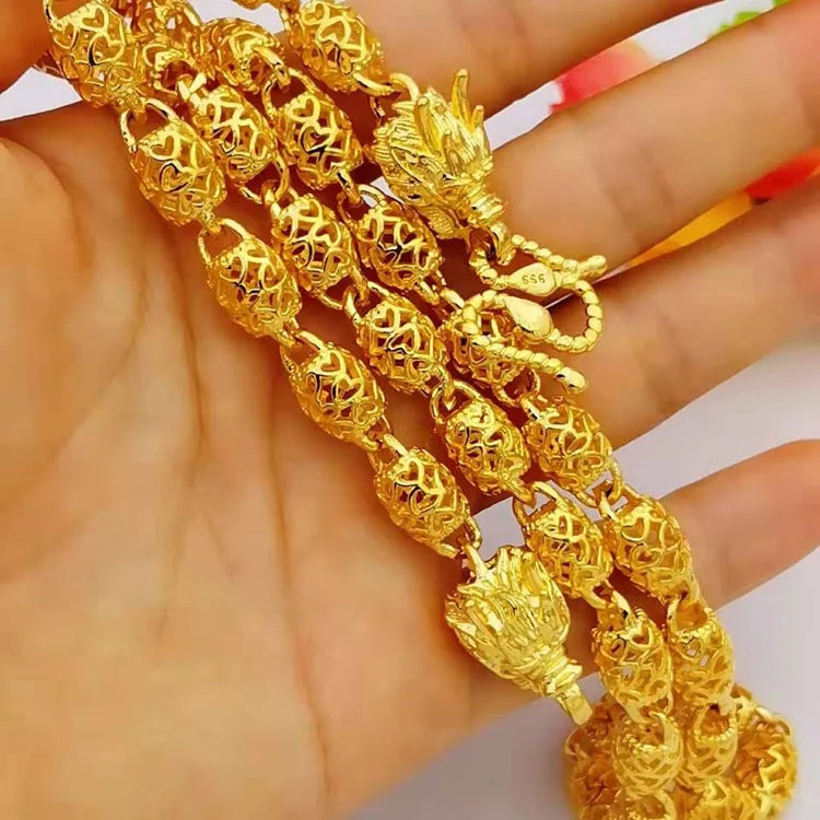 Hollow Olive Bead Necklace Men's 24K Gold AU999 - Guochao craft, unique beads, solid texture, for business negotiation