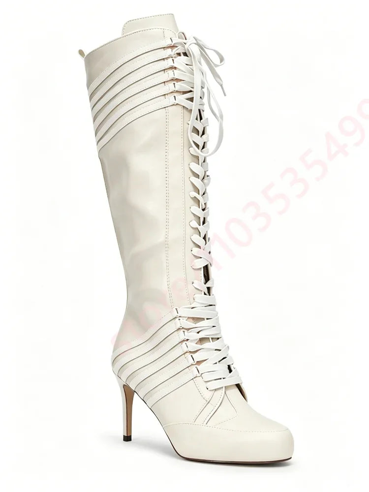 Black Red Color Block Striped Knee High Boots Women 2026 New Full Lace Up Thin Stiletto High Heel Fashion Streetwear Long Boots