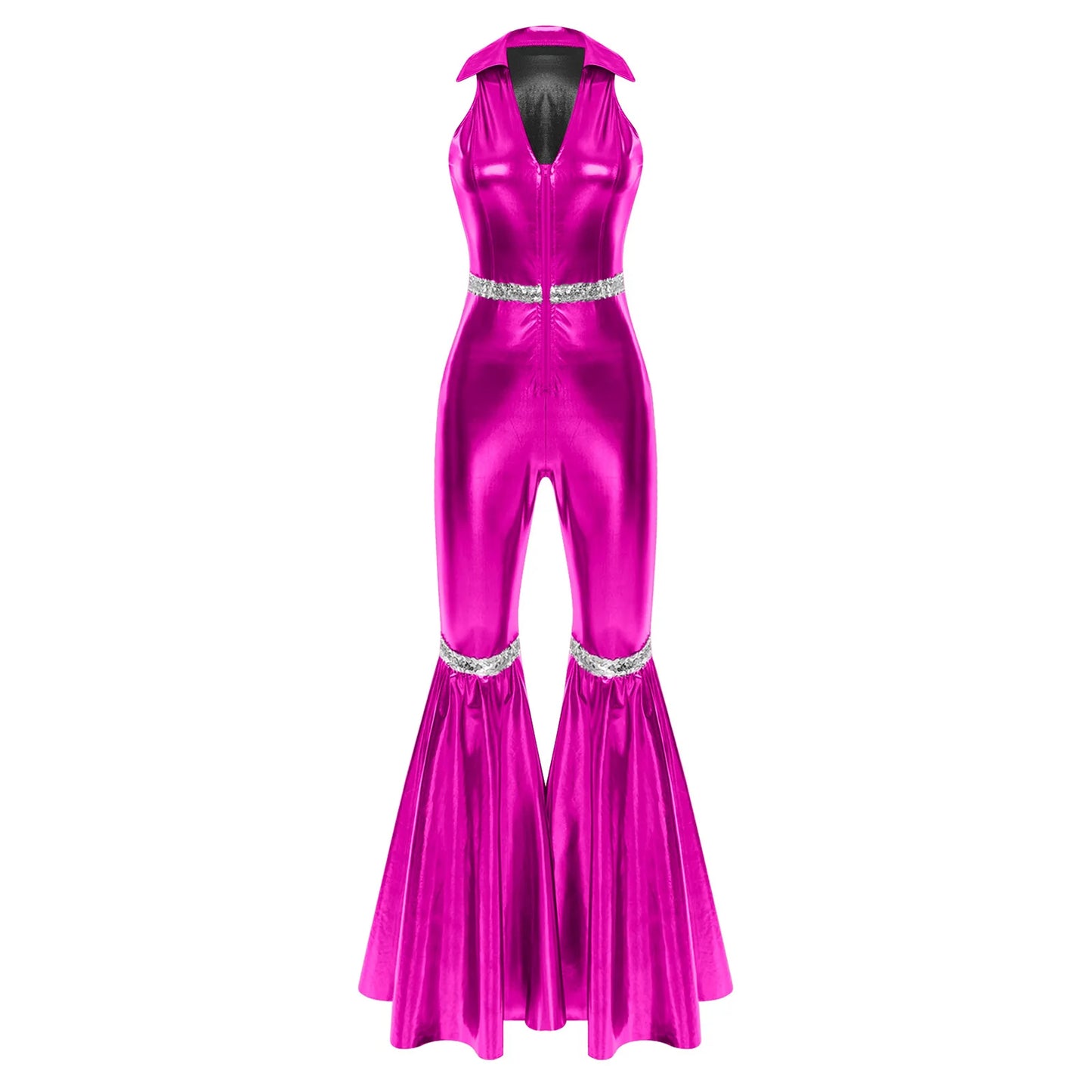Adult Womens 70s Disco Rompers Lapel V Neck Sleeveless Front Zipper Sequins Bell Bottom Long Pants Jumpsuit Retro Jazz Dancewear