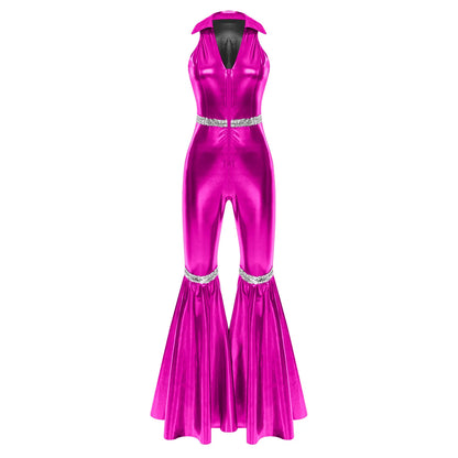 Adult Womens 70s Disco Rompers Lapel V Neck Sleeveless Front Zipper Sequins Bell Bottom Long Pants Jumpsuit Retro Jazz Dancewear