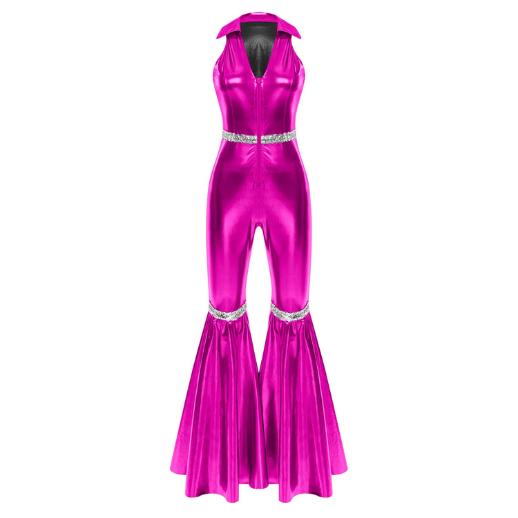 Adult Womens 70s Disco Rompers Lapel V Neck Sleeveless Front Zipper Sequins Bell Bottom Long Pants Jumpsuit Retro Jazz Dancewear