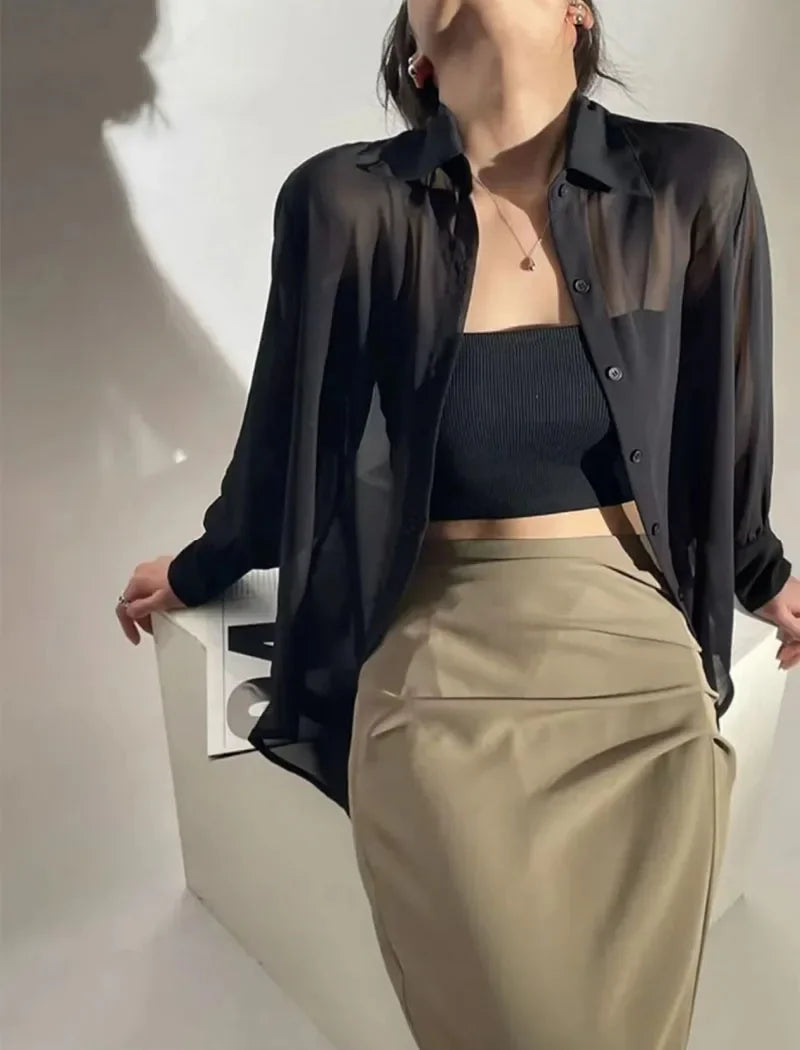 SMVP Chiffon Blouse for Women 2025 New Summer Sheer Mesh Long Sleeve Sun Protection Shirts Korean Fashion Office Lady Shirt Tops