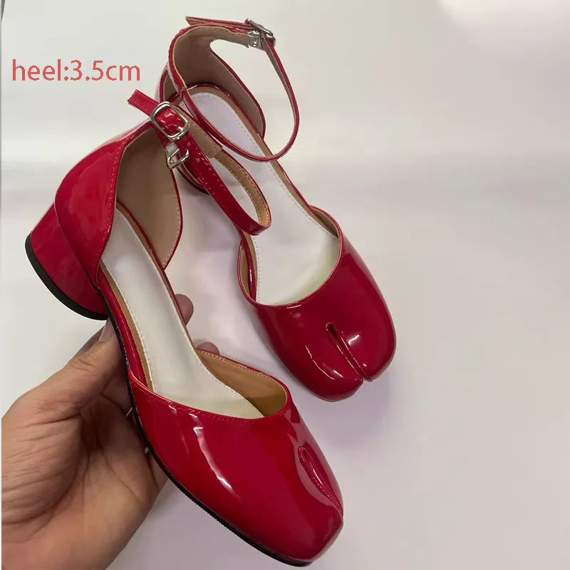 Luxury Design Fashion Split Toe Shoes 2025 High Quality Red Women Tabi Pumps Genuine Leather Low Heels High Heels