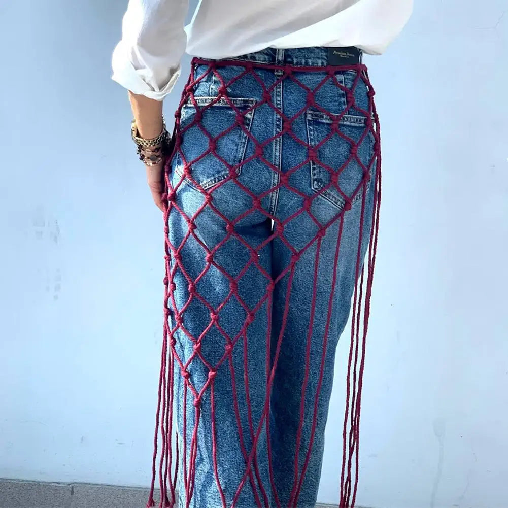 Bohemian Netted Fringe Scarf Handwoven Bikini Women Mid Waist Skirt Ethnic Design Mesh Tassel Waistband Decorative Butt Curtain