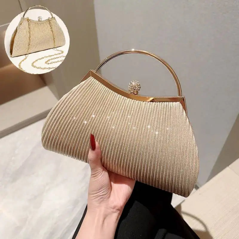 Pleated Evening Handbag Women Top Handle Glitter Day Clutch Ladies Wedding Dinner Dressed Clip Bag Diamond Party Purse Gold