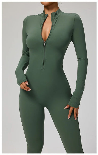 TRY TO BN Women's Jumpsuit Long Sleeve Zipper Shapewear Bodysuit Yoga Fitness One Piece Tights Gym Clothing Mono Deportivo Mujer