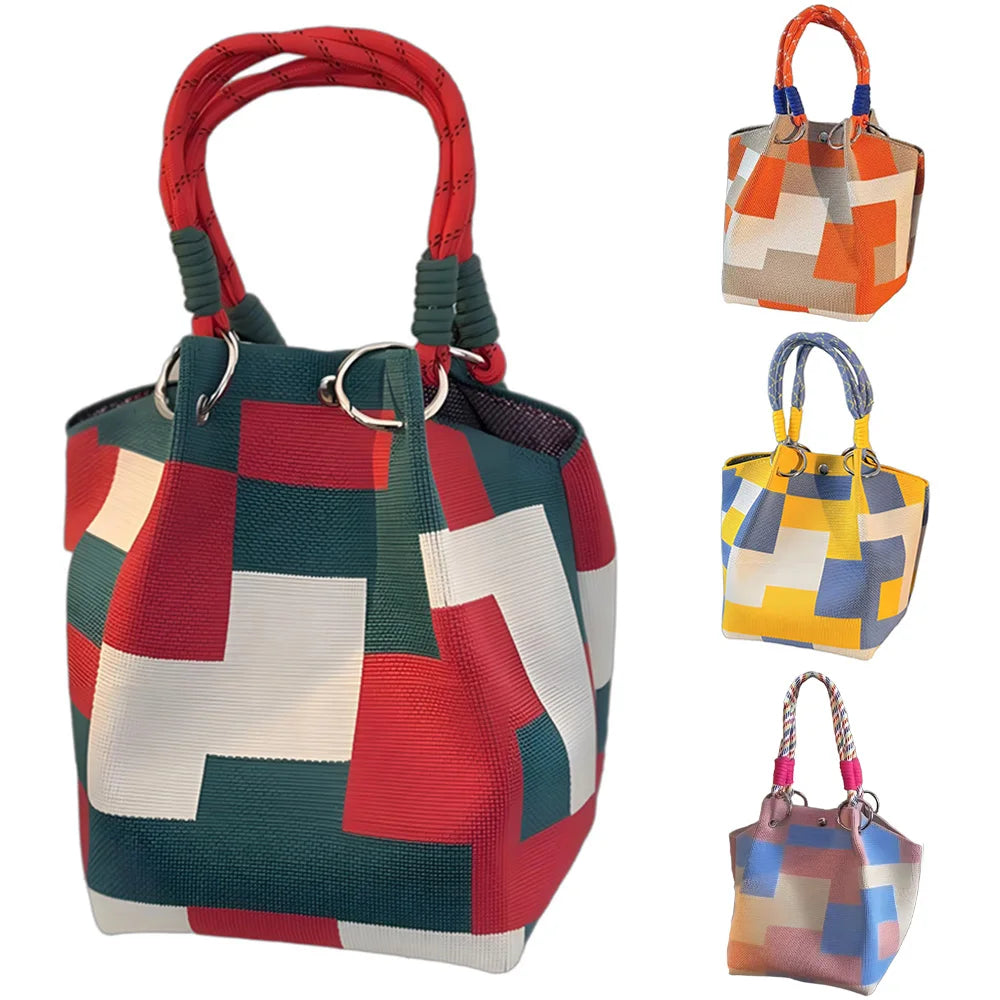 Women's Color Block Knit Tote Bag Bucket Bag Storage Bag with Adjustable Straps & Metal Rings Snap Closure for Casual Travel