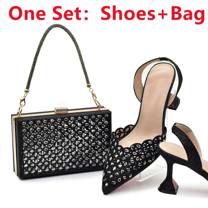 New Arrival Shoe and Bag Set Italian Design Nigeria Party Shoes and Bags for Women Rhinestone Luxury High Heels Woman Pumps
