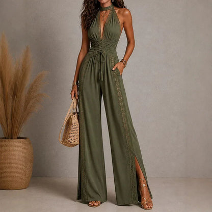 Women Slim Halter Jumpsuits Deep V Ruched Waist Drawstring Lace Wide Leg Pants Romper Sleeveless Summer Solid Vacation Playsuits