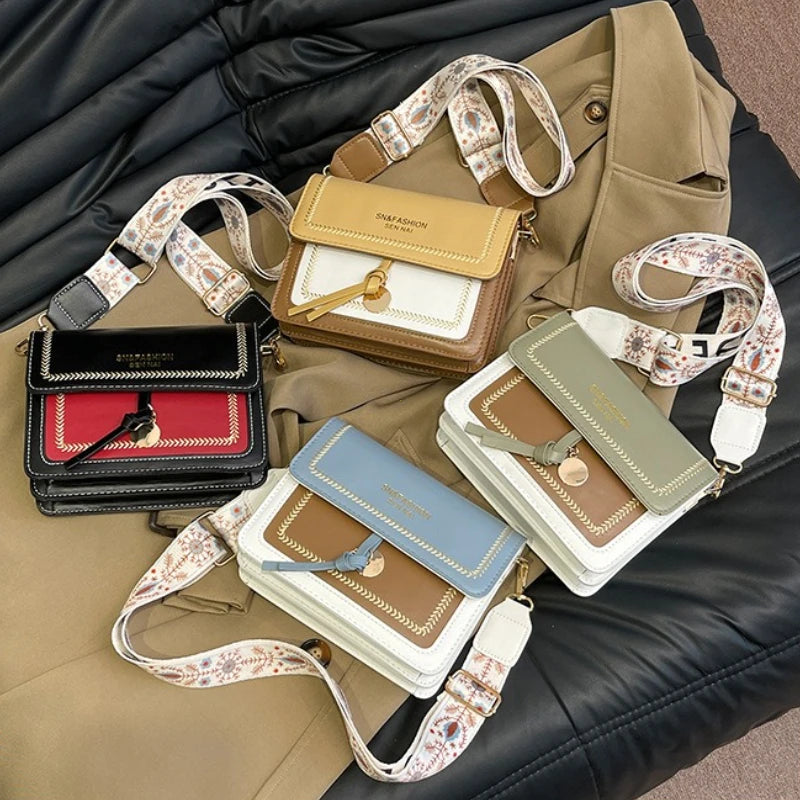 Fashionable Bag for Women, Versatile New Crossbody Bag, Contrasting Color Shoulder Bags, Small Square Bag, Wide Shoulder Strap