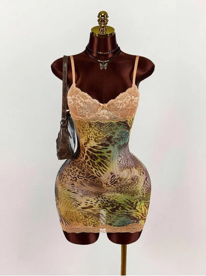 HLJ&GG Sexy Leopard Print Lace Spaghetti Strap Bodycon Mini Dresses Women Sleeveless Backless Slim Vestidos Summer New Clothing