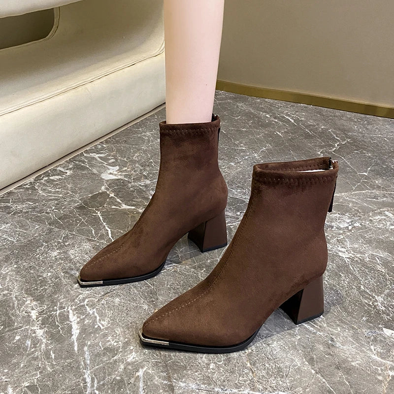 Winter Women Thick Heel Ankle Boots Fashion Pointed Toe Mordern Short Booties Street Style Party Stripper Female Shoes