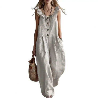 Loose Fit Jumpsuit Ruffle Strap Jumpsuit Women’s Ruffle Crew Neck Jumpsuit with Pockets Wide Leg Rompers Summer Travel