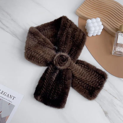 Real Fur Warm Scarf for Women Cross Style One Flower Knitted Design New Fashion Mink Fur Neck Warmer Winter Accessories Scarves