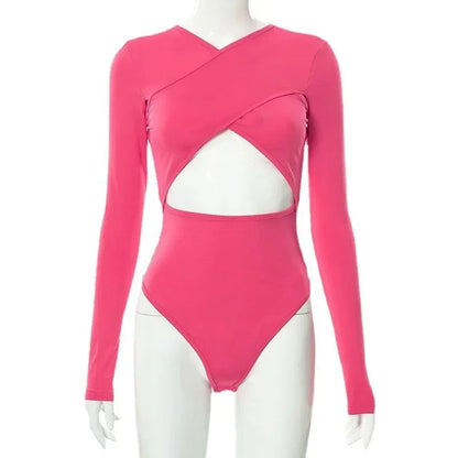 Summer New Women's Jumpsuit Solid Color Cross Hollow Long Sleeve Revealed Waist Slimming Smooths Your Silhouette