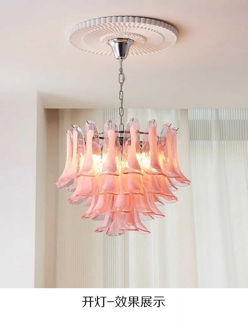 French Murano Petal Glass Chandelier Dining Table Living Room Antique Style Pink Petal Glass Pendant Chandelier Lights Bedroom