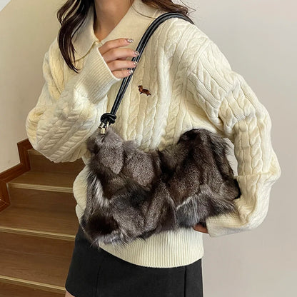 Winter Warm Fox Fur Shoulder Hobo Bags For Women Latest Luxury Designer Purses And Handbags Elegant Evening Bag For Dinner Party