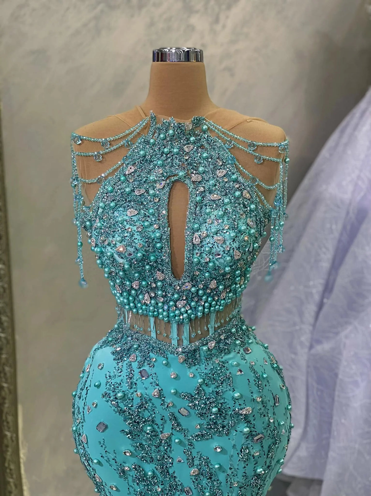 Elegant Scoop Beaded Mermaid Evening Dresses Green Pearls Tassel Prom Party Dress Sleevelss Crystal Robes de soiree Customized