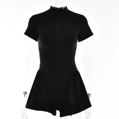 2026 New Women's Jumpsuit Solid Color Zip-Up O-Neck Short Sleeve Sports Bodysuits Women Summer Sexy Slim One-Piece Playsuits