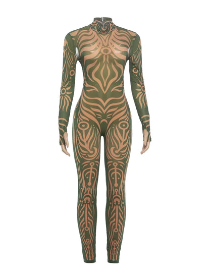 Sisterlinda Sexy Fashion Print Jumpsuits Woman Turtleneck Full Sleeve See Through Skinny Peach Hip Street Wild Style Overalls