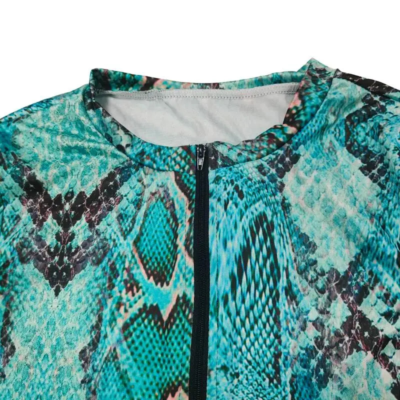 Turquoise Snake Print Long Sleeve One Piece Swimsuit Front Zipper Guard Sportswear High Cut Monokini For Women Summer Surfing