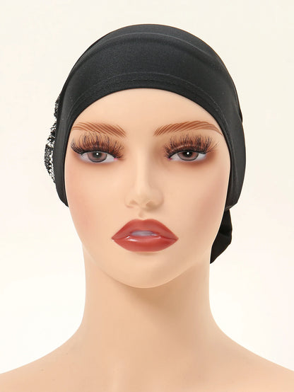 Muslim Women's Hijabs with Lace Chiffon Panhua Solid Color Thin Bottom Hat Islam Head Wrapping Tie Back Turban Female Headband