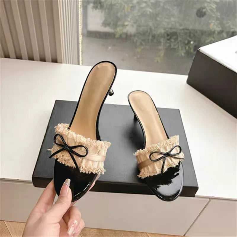 Bow Women Slippers High Heels Casual Fashion Shoes Summer Woman Pumps 2025 New Luxury Walking Sandals Sexy Dress Zapatos Mujer