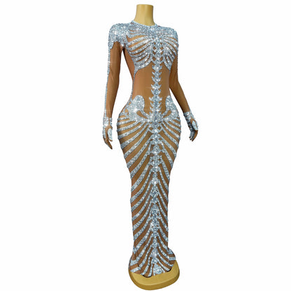 Fashion Skeleton Pattern Designed Shining Rhinestones Mesh Dress Women Halloween Party Celebrate Show Stage Outfit Kulouwang