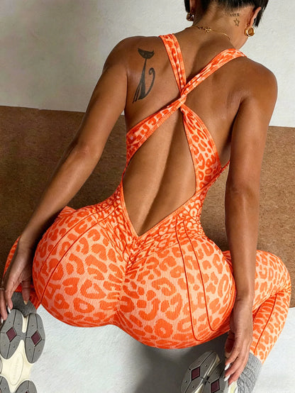 Sexy Leopard Print Sports Jumpsuits for Women V-neck Backless Yoga Bodysuit Female Sleeveless Tight Gym Running Fitness Overalls