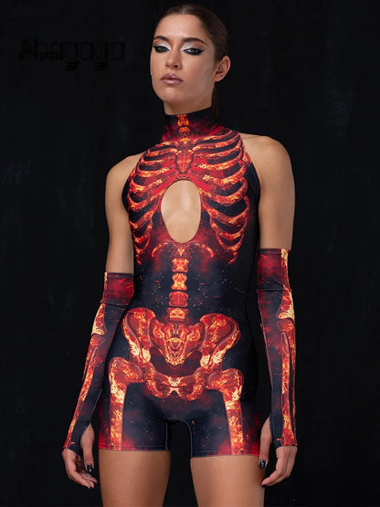 Bone Printed Playsuit Women Y2K Jumpsuits High Waist Hollow Out Gloves Bodycon Short Sleeves Rompers Sexy Club Bodysuits Female