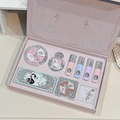 NICEKEY Makeup Kit Include 4 Matte Lipgloss,1 Face Blusher,1 Pressed Powder,1 Eyesshadow Palette,1 Contour Palette With Necklace