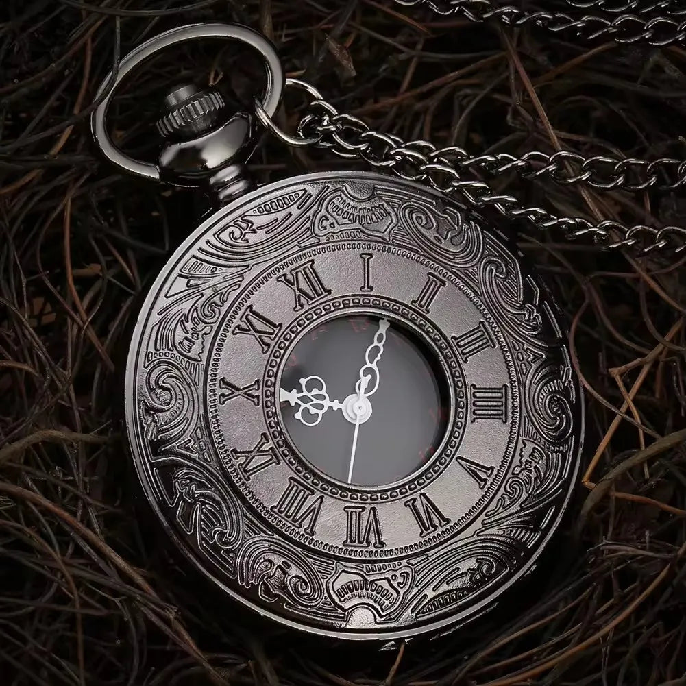Vintage Steampunk Gift Necklace Pendant Black Roman Numerals Quartz Mens Pocket Watch with Chain for Boyfriend