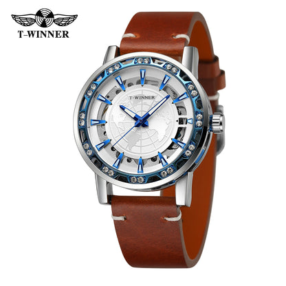 Winner Design World Map Transparent Skeleton Mechanical Watch for Men Fashion Diamond Luminous Luxury Leather Strap Unisex