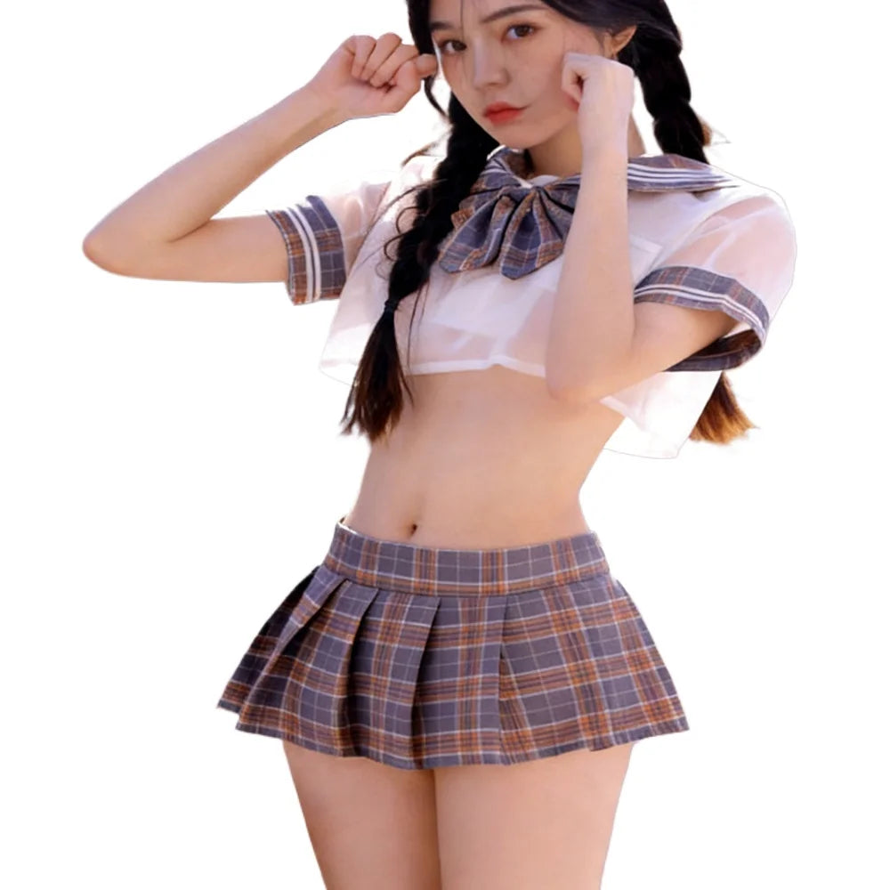 Hot Sailor Uniform Lingerie Sheer Mesh Crop Top Plaid Mini Skirt Cosplay Costume Erotic School Girl Outfit Halloween Fancy Dress