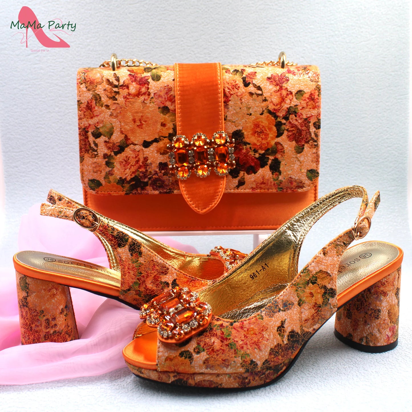 2024 Mature Style High Quality Comfortable Heels Italian Women Shoes and Bag Set with Shinning Crystal in Yellow Color