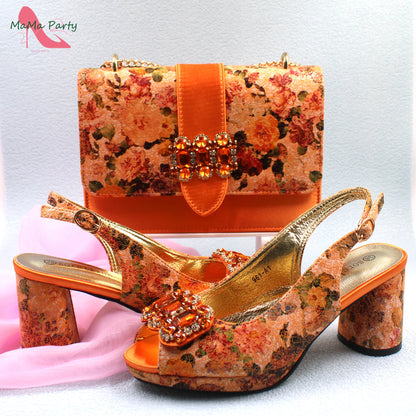 2024 Mature Style High Quality Comfortable Heels Italian Women Shoes and Bag Set with Shinning Crystal in Yellow Color