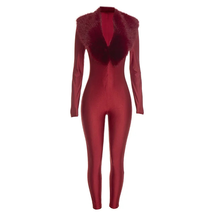 FAGADOER Women Fall Winter Bodycon Jumpsuit Faux Fur Collar Long Sleeve Deep V Neck Slim Fit Sexy Club Party One Piece Outfit