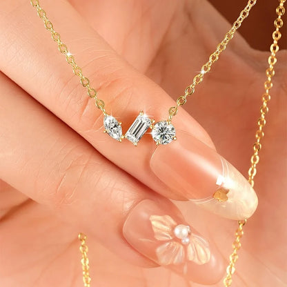 Rrjzz Three Stone D-Color Full Moissanite Pendant Necklace for Women Marquise Emerald Round Cut Necklace Birthday Jewelry Gifts