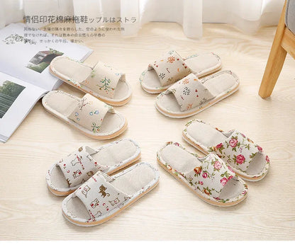 Four Season Linen Home Slippers Women Autumn Indoor Casual Floral Slides Couples House Non-slip Sandals Adults Cartoon Cat Shoes