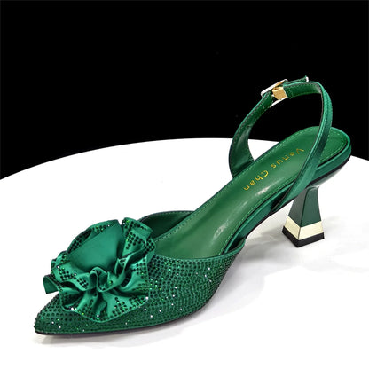 2026 Luxury Green 3D Rose Rhinestone Shoes And Bag Set Women Pointed Toe Slingback High Heels Matching Clutch For Wedding Party