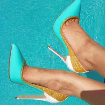 Mint Blue Red Patchwork Glitter Mixed Color Pumps Patent Leather Pointed Toe 12cm Stiletto Heels Wedding Shoes Women