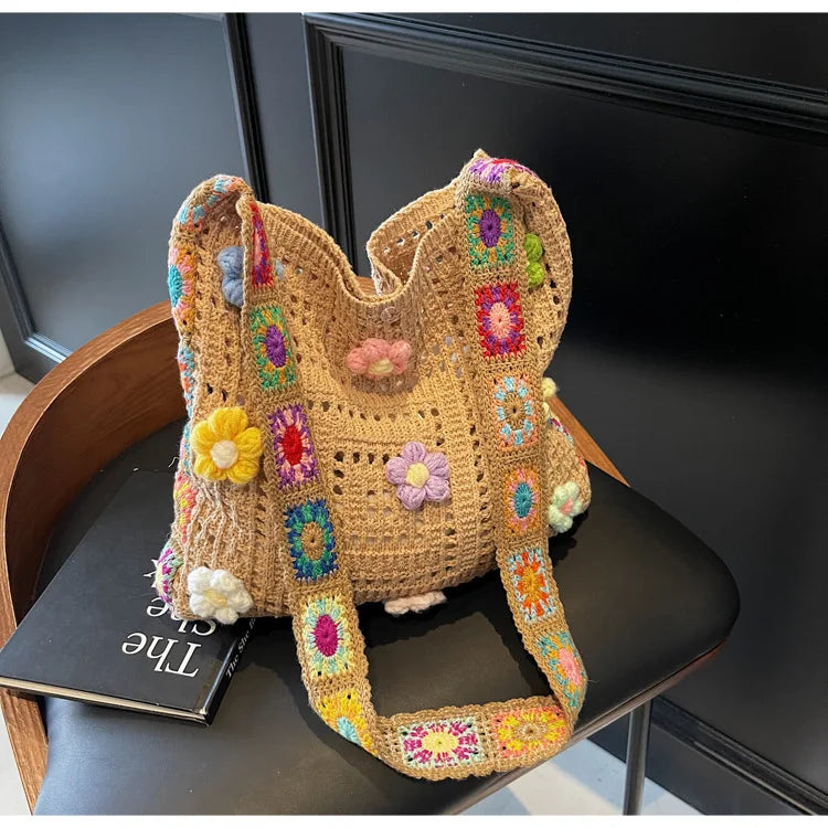Women's Boho Crochet Bag Designer Flowers Knitted Handbags Large Capacity Summer Beach Woven Shoulder Bag Girls Tote Shopper Bag
