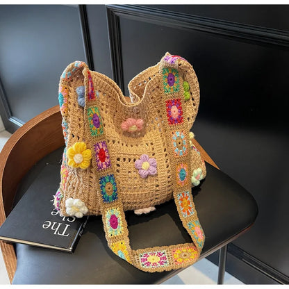 Women's Boho Crochet Bag Designer Flowers Knitted Handbags Large Capacity Summer Beach Woven Shoulder Bag Girls Tote Shopper Bag
