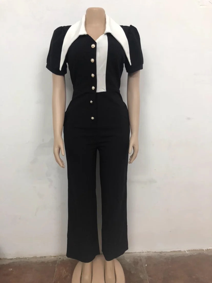 CM.YAYA Fashion Women Puff Short Sleeve Patchwork Bowknot Button Fly Wide Leg Jumpsuits Street Outfits One Piece Suit Rompers