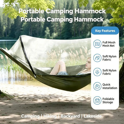 3-in-1 Camping Hammock with Automatic Pop-Up Mosquito Net, Lightweight 70D Nylon Portable Hammock Supports 440lbs, Dual Zipper Outdoor Hammock for Camping Hiking Backpacking Beach Backyard