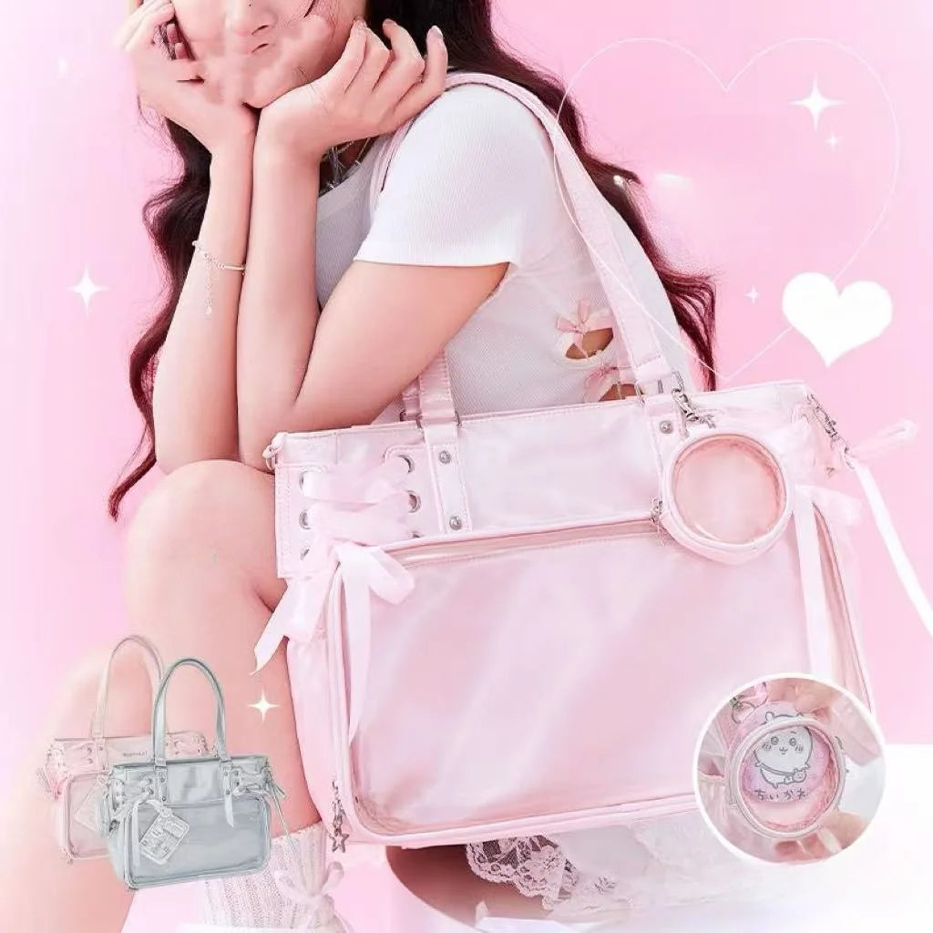 Sweet Cute Bow Shoulder Bags Women Horizontal Transparent Large Capacity Anime Ita Bag Ladies Harajuku Solid Color Handbag Chic