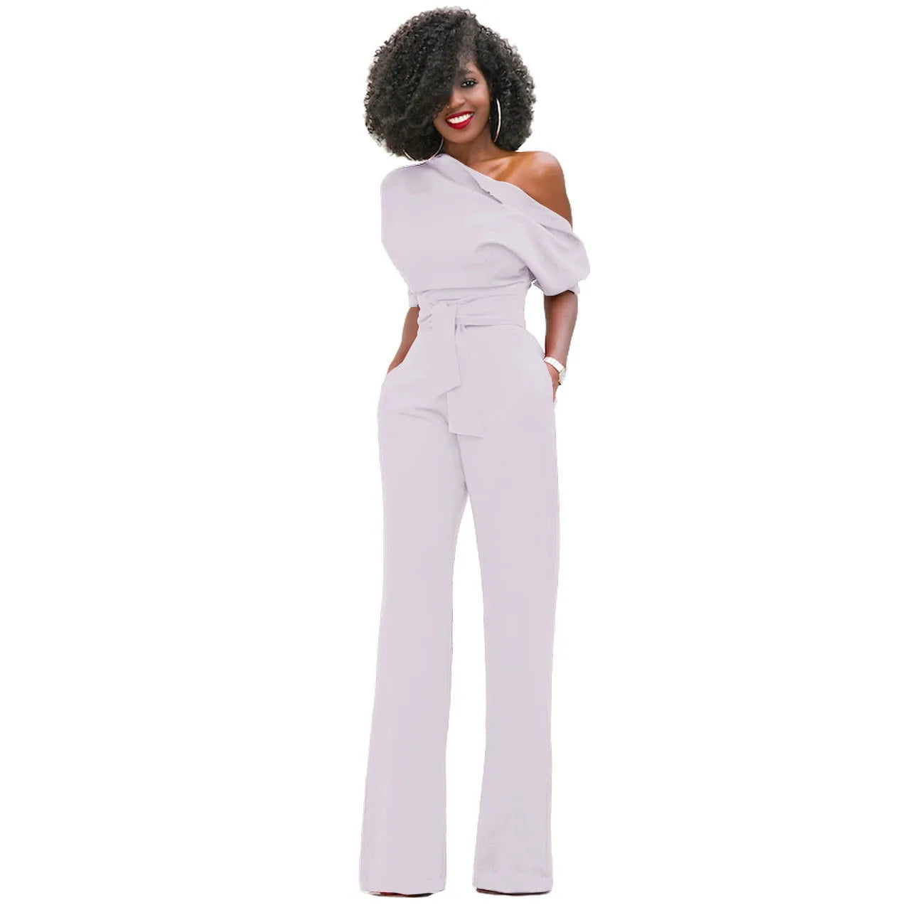 2024 Summer New Fashion Women's Jumpsuit Solid Color Slanted Shoulder Elegant Temperament Sleeveless Long Wide Leg Jumpsuit