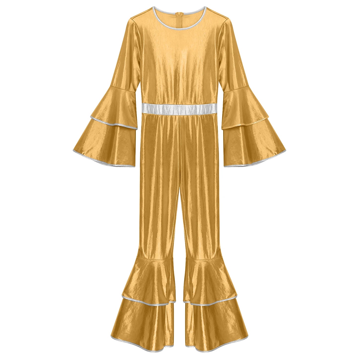 Womens 70S Disco Vintage Jumpsuit Metallic Shiny Flare Sleeve Bodysuit Hippie Bell Bottom Jazz Dance Carnival Rave Party Costume